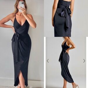Showpo NWT black wrap tie midi tulip hem satin wedding guest dress